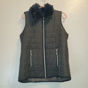 Three Hearts Womens Brown Green Quilted Mock Neck Long Line Vest Sz L Faux Fur